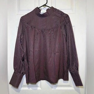 Anthropologie Evident LA Size Small Dark Blue Red Stripe High Neck Blouse